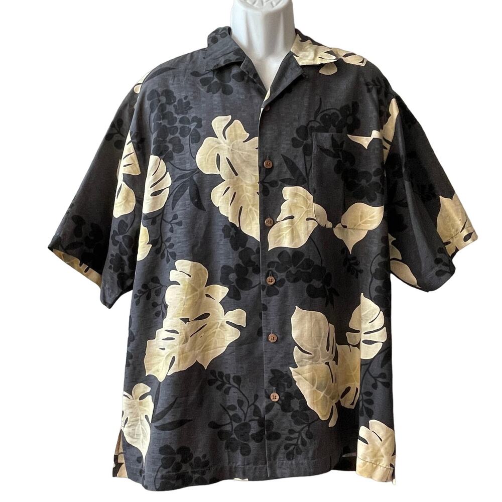 Tommy Bahama Charcoal Gray Monstera Leaf Silk Camp Shirt Size Large